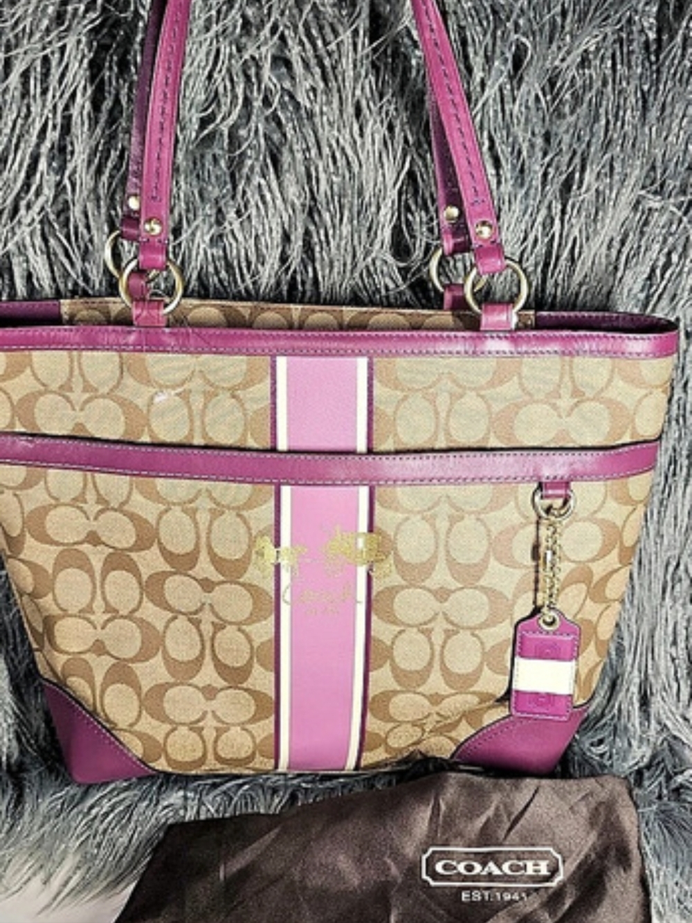 Coach Chelsea Hertiage Lilac Stripe Detail Tote Bag W/ C Monogram